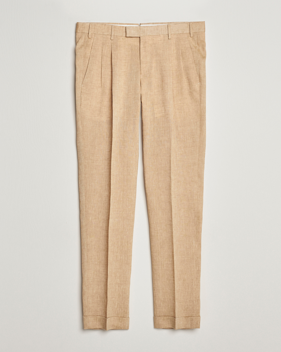 Mies | Housut | PT01 | Slim Fit Pleated Linen Trousers Light Beige