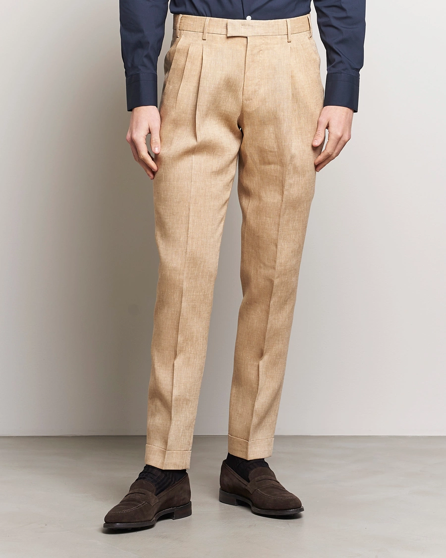 Mies |  | PT01 | Slim Fit Pleated Linen Trousers Light Beige
