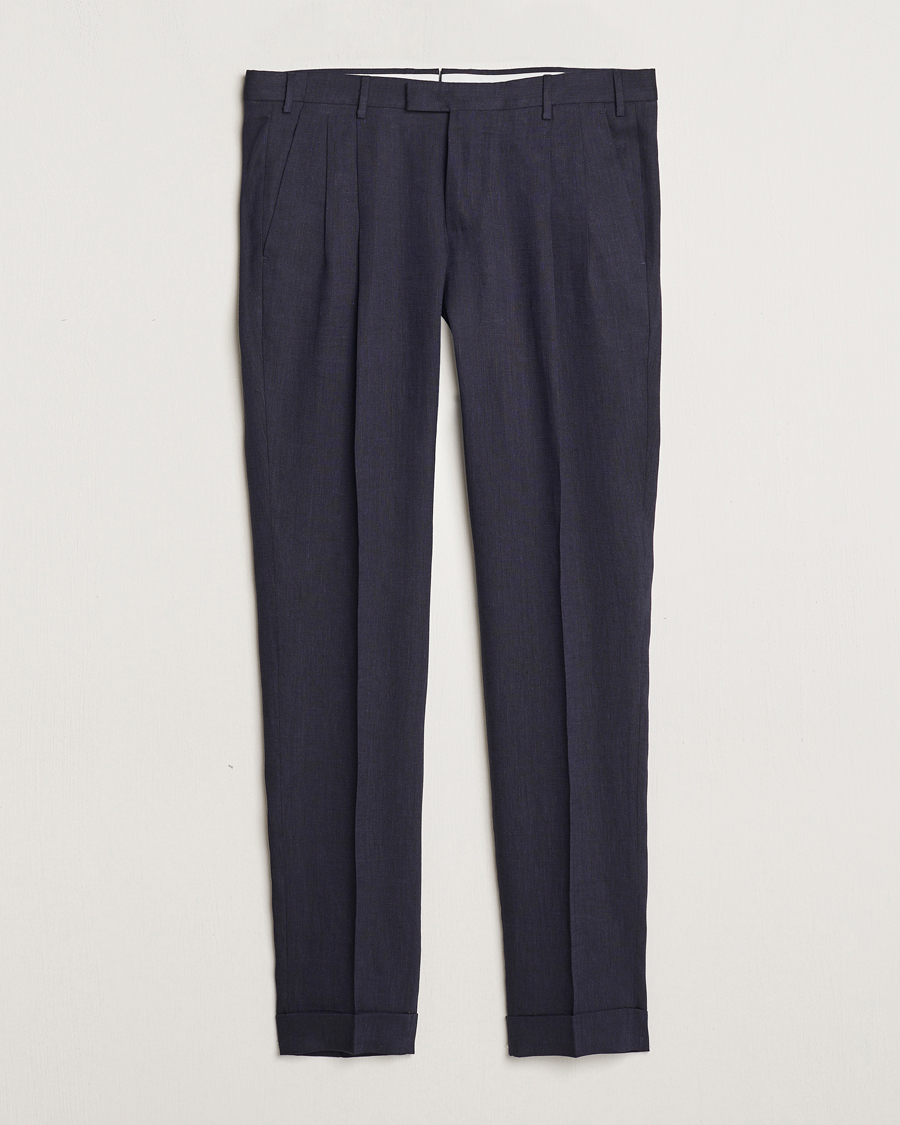 Mies | Housut | PT01 | Slim Fit Pleated Linen Trousers Navy