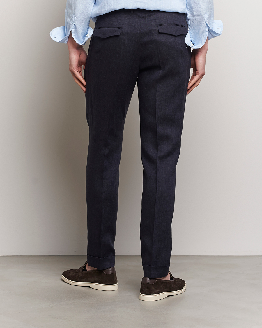 Mies | Housut | PT01 | Slim Fit Pleated Linen Trousers Navy