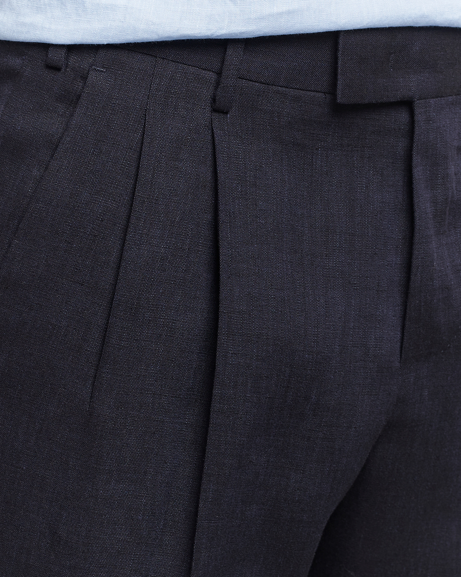 Mies | Housut | PT01 | Slim Fit Pleated Linen Trousers Navy