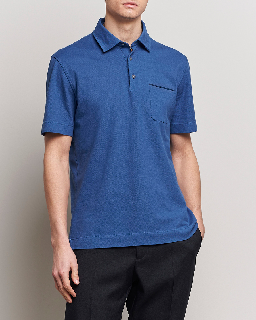 Mies | Pikeet | Zegna | Short Sleeve Pocket Polo Blue