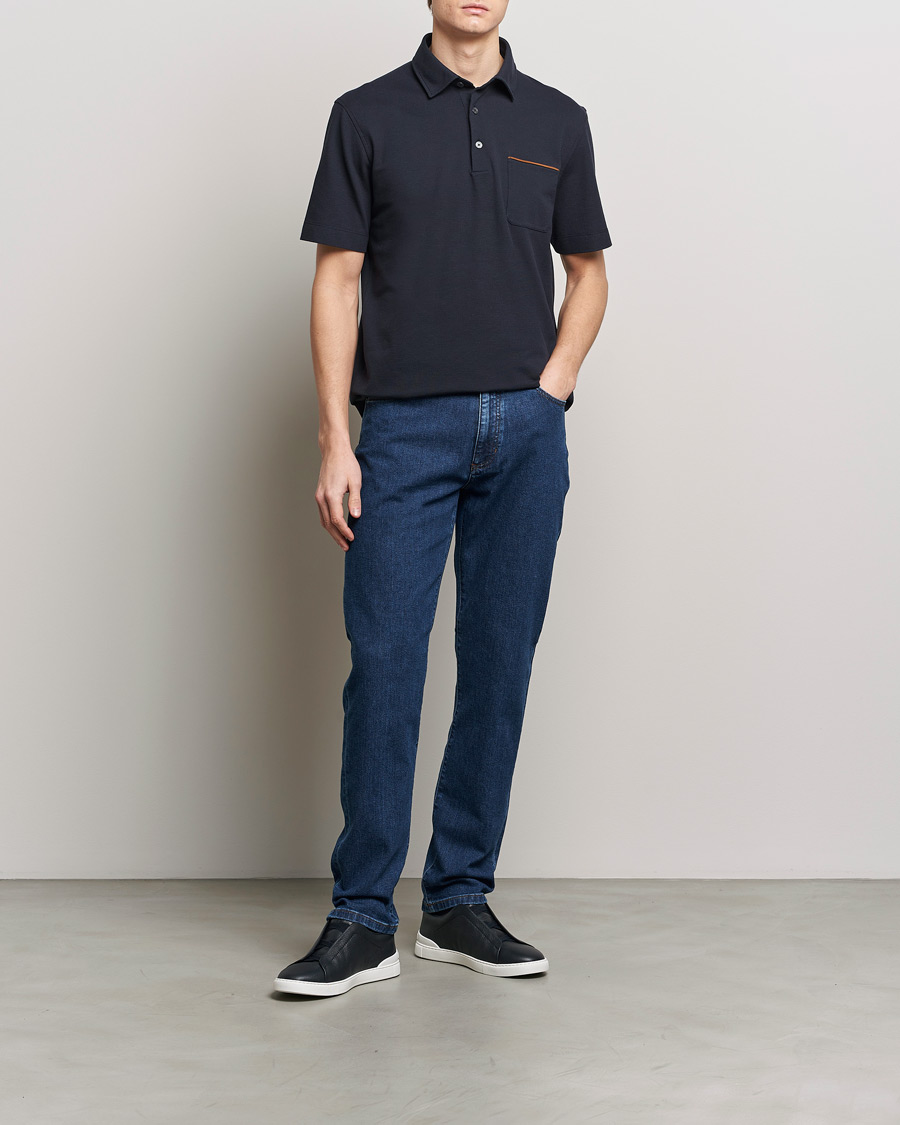 Mies | Pikeet | Zegna | Short Sleeve Pocket Polo Navy