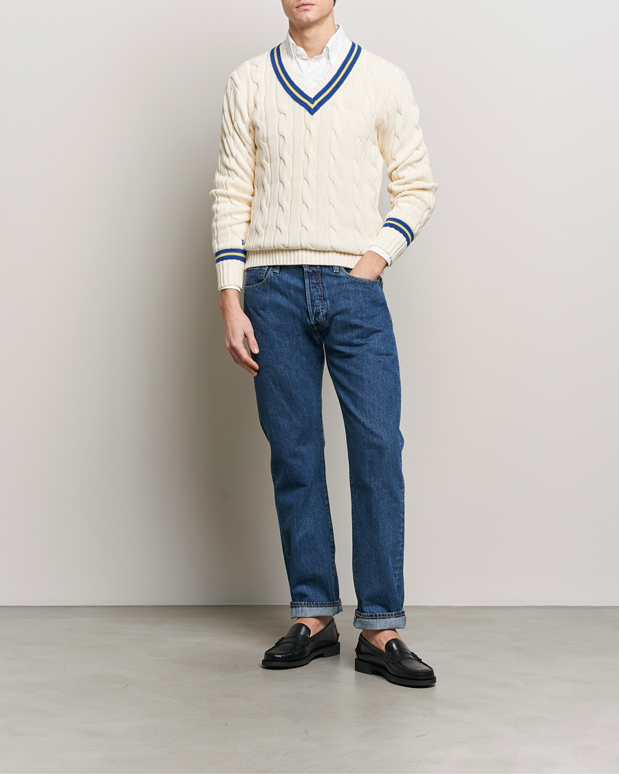 Mies | Puserot | Polo Ralph Lauren | Cricket Cotton V-Neck Sweater Cream/Navy Stripe