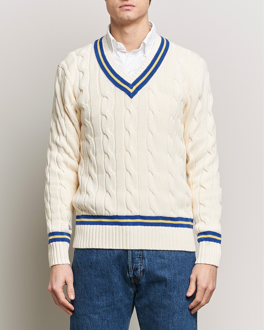 Mies | Neuleet | Polo Ralph Lauren | Cricket Cotton V-Neck Sweater Cream/Navy Stripe