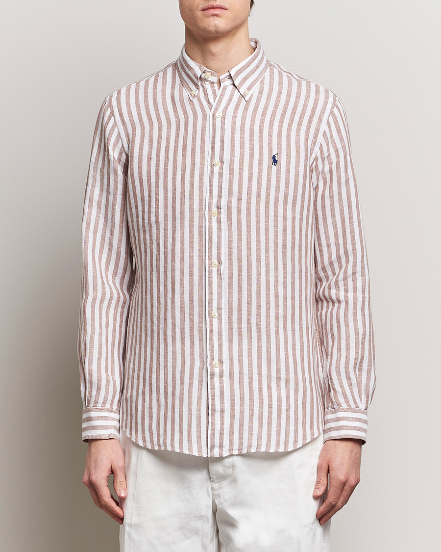 Herre | Hørskjorter | Polo Ralph Lauren | Custom Fit Striped Linen Shirt Khaki/White