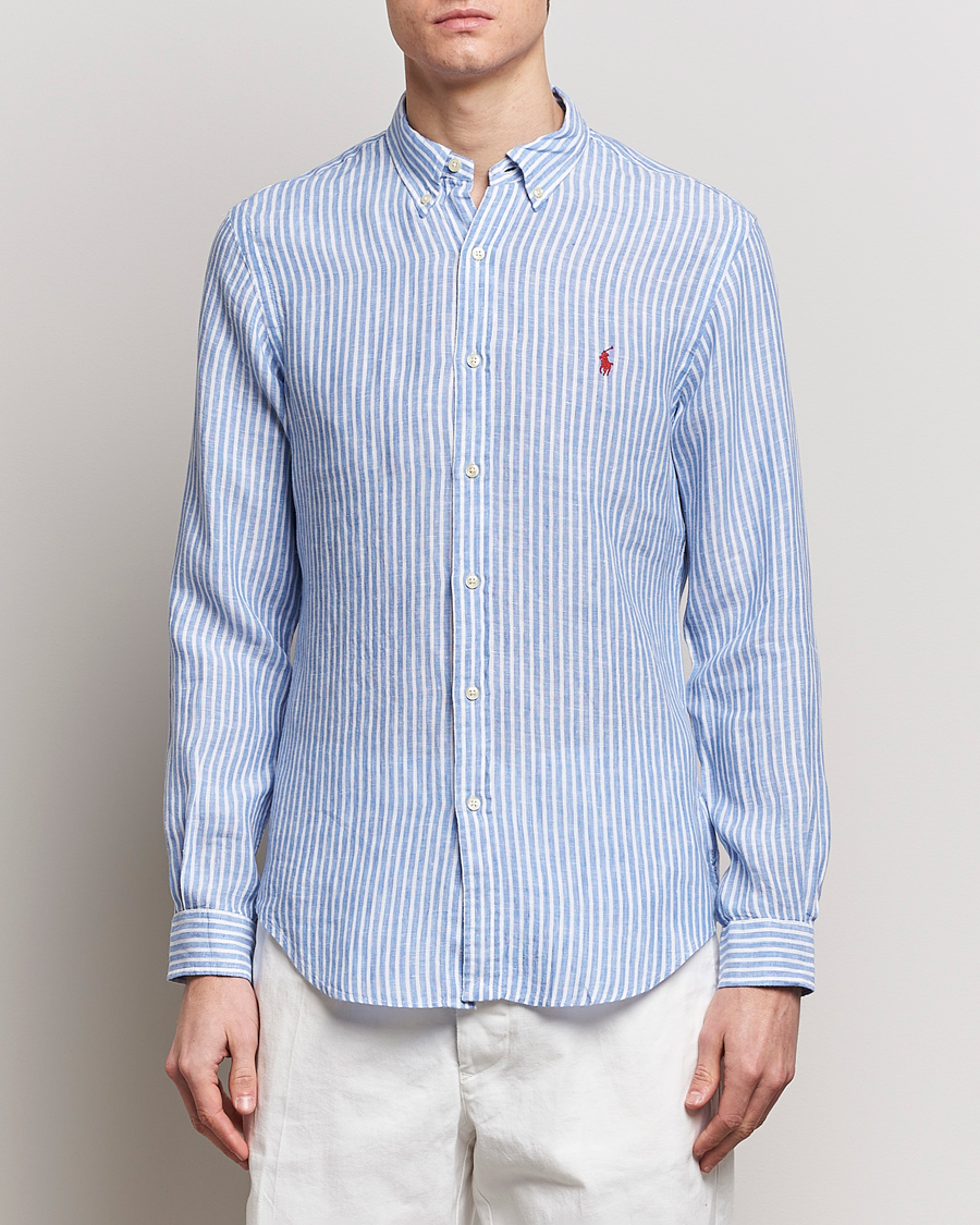 Mies |  | Polo Ralph Lauren | Slim Fit Striped Button Down Linen Shirt Blue/White