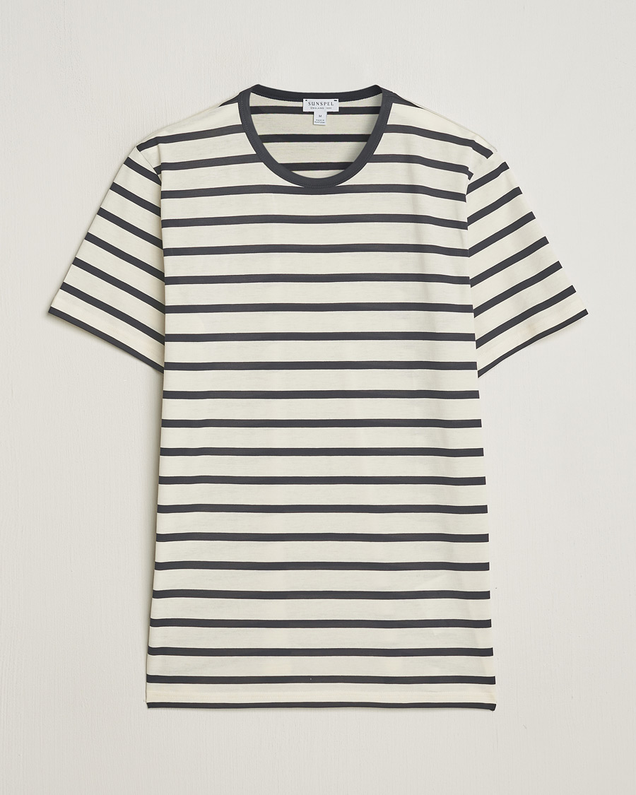 Mies | T-paidat | Sunspel | Striped Crew Neck Cotton Tee Ecru/Navy