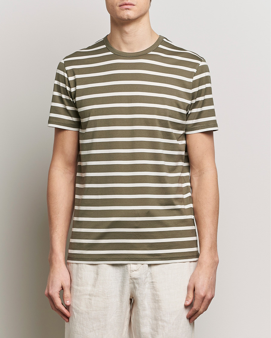 Mies |  | Sunspel | Striped Crew Neck Cotton Tee Khaki