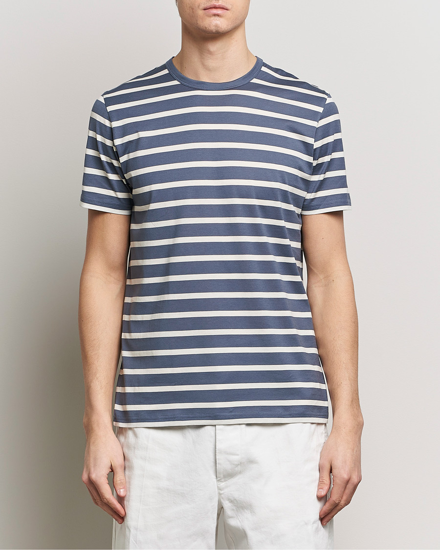 Mies | Lyhythihaiset t-paidat | Sunspel | Striped Crew Neck Cotton Tee Slate Blue