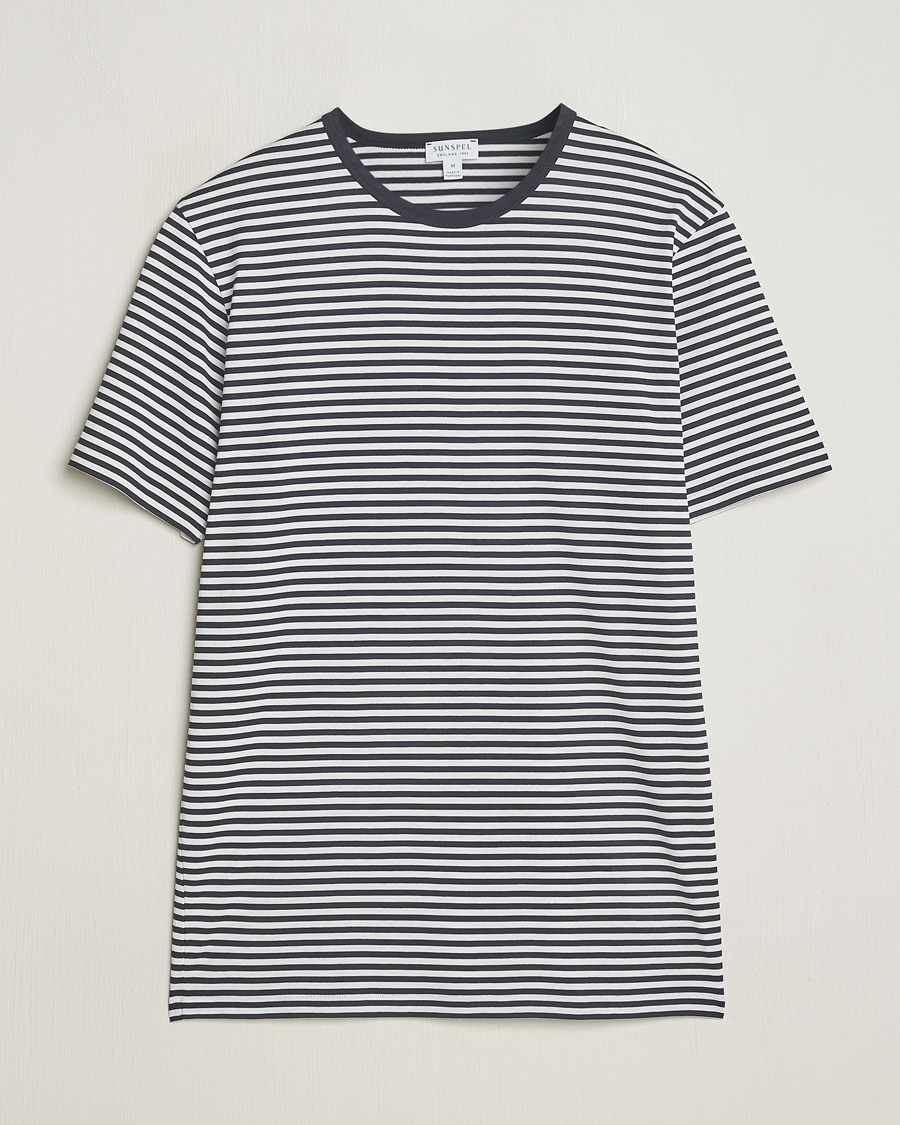 Mies | T-paidat | Sunspel | Striped Crew Neck Q82 Cotton T-Shirt White/Navy
