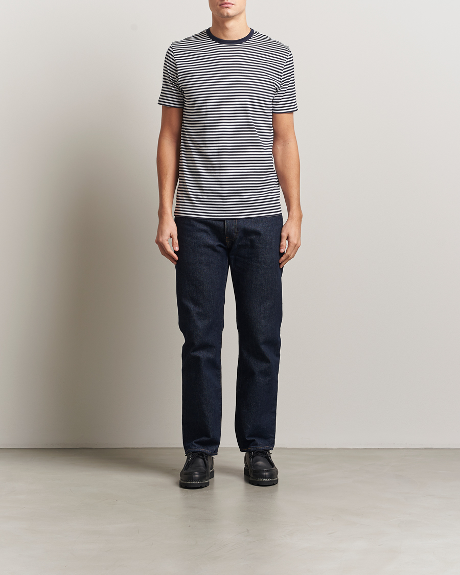 Mies | T-paidat | Sunspel | Striped Crew Neck Q82 Cotton T-Shirt White/Navy