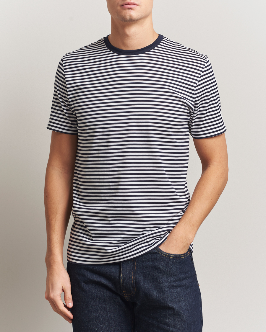 Mies | T-paidat | Sunspel | Striped Crew Neck Q82 Cotton T-Shirt White/Navy