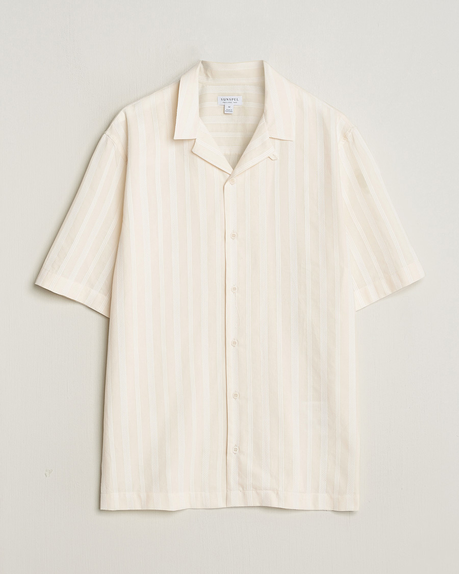 Mies | Kauluspaidat | Sunspel | Embroidered Striped Short Sleeve Shirt Ecru