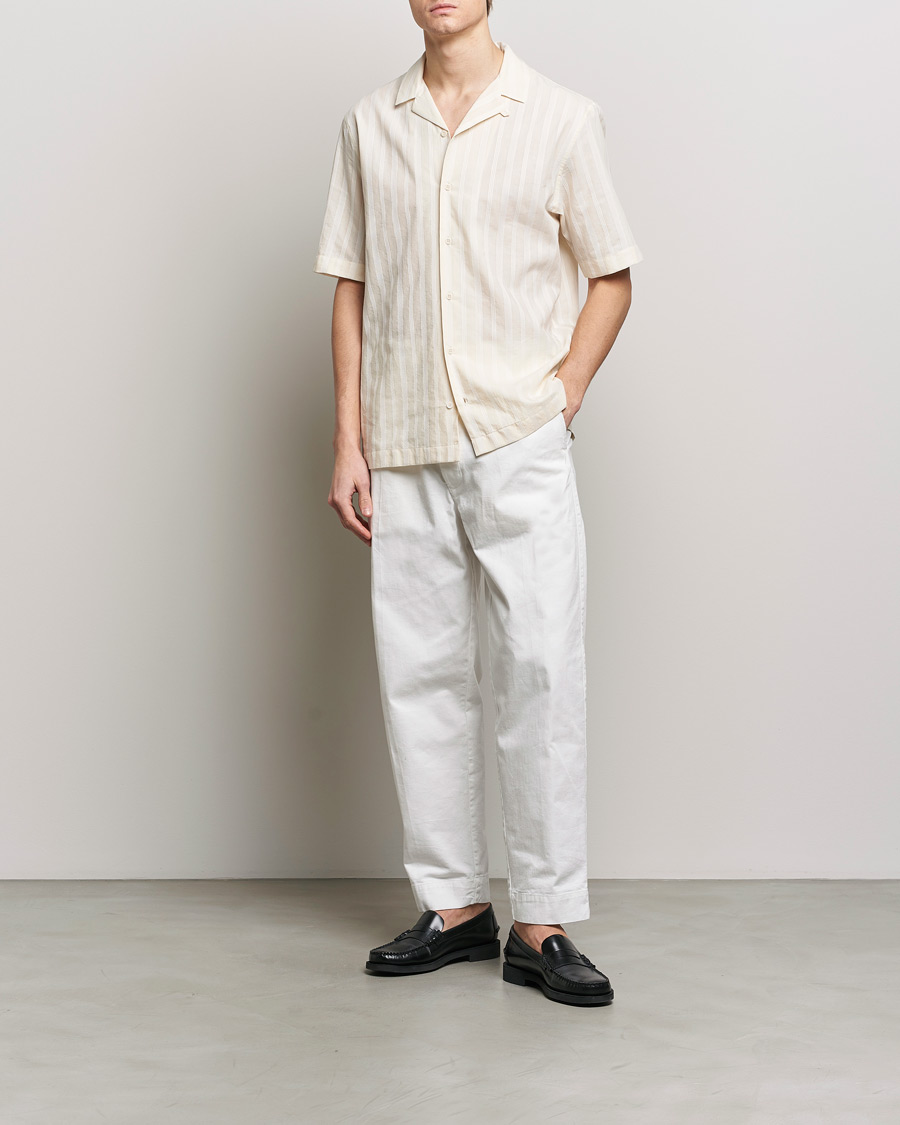 Mies | Kauluspaidat | Sunspel | Embroidered Striped Short Sleeve Shirt Ecru