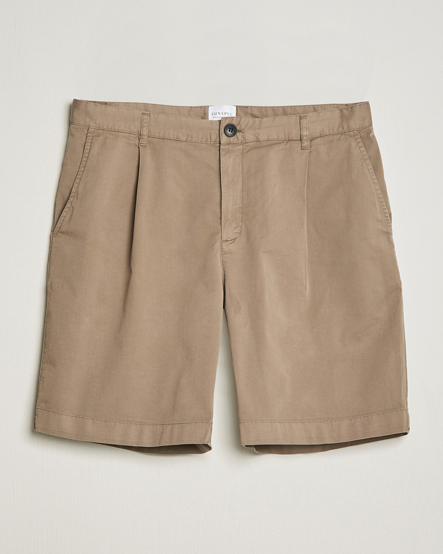 Mies | Shortsit | Sunspel | Pleated Stretch Cotton Twill Shorts Dark Stone