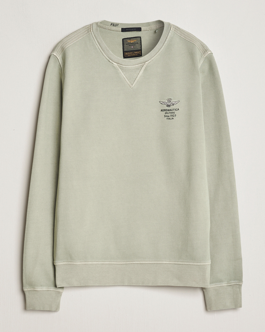 Mies | Puserot | Aeronautica Militare | Washed Crew Neck Sweatshirt Sage Green