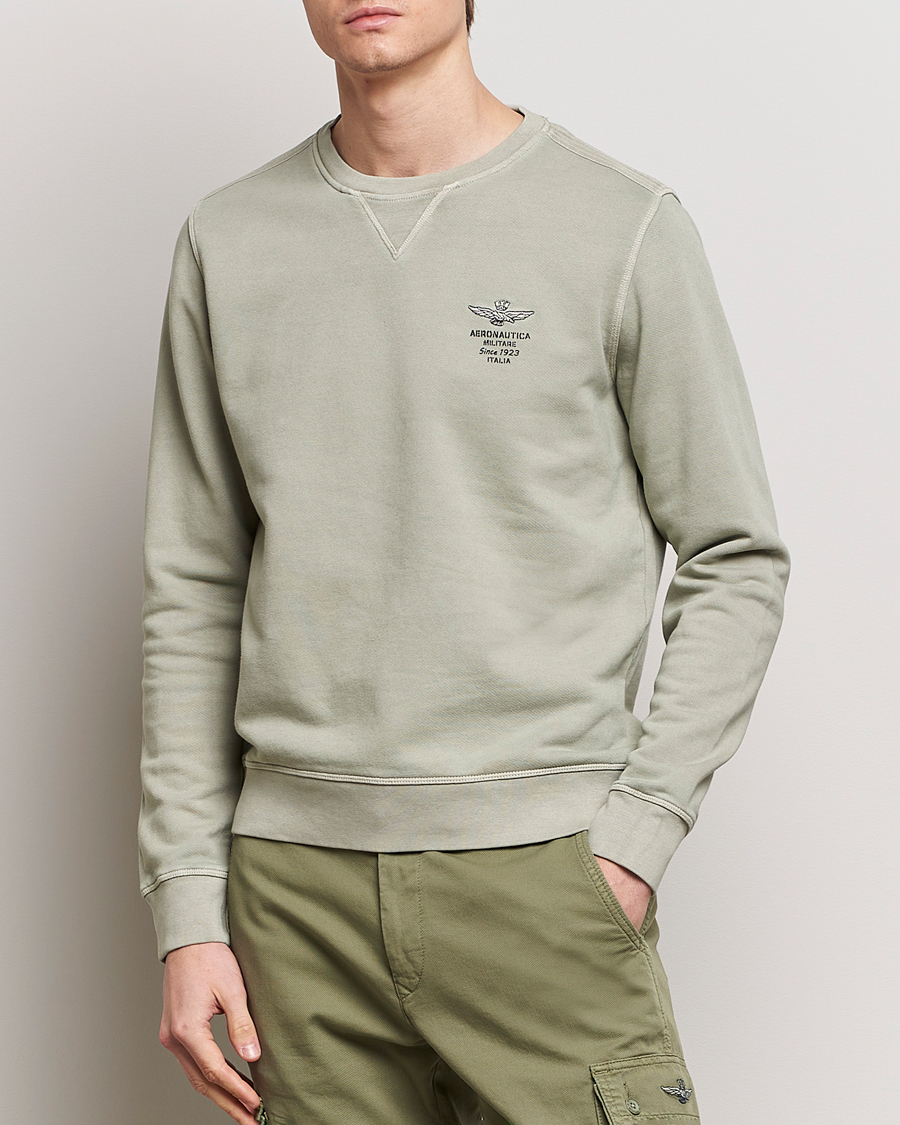 Mies | Puserot | Aeronautica Militare | Washed Crew Neck Sweatshirt Sage Green