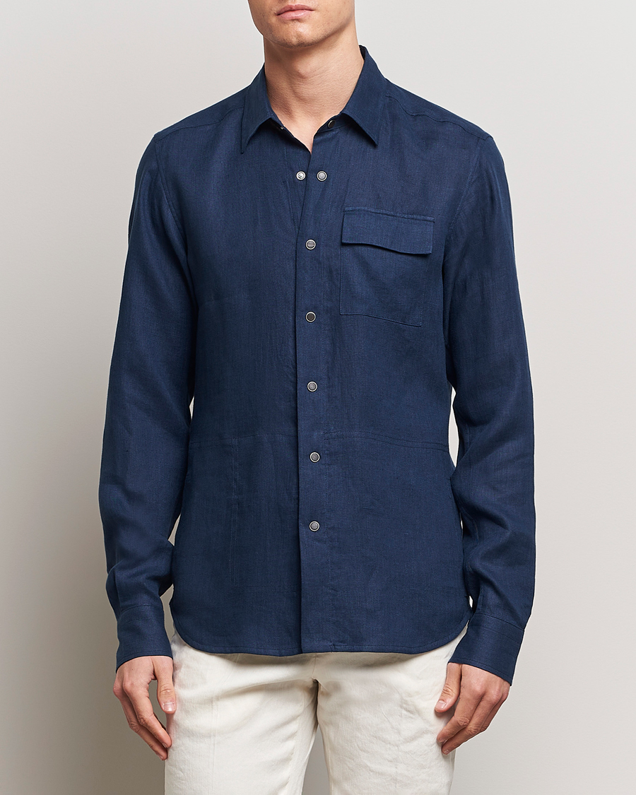 Mies | Kauluspaidat | Kiton | Pure Linen Overshirt Dark Blue