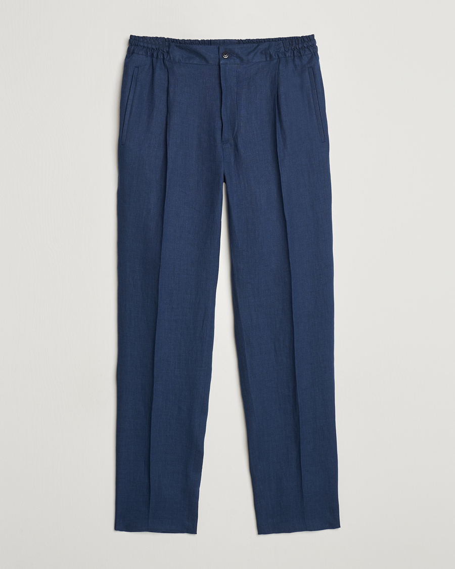 Mies |  | Kiton | Pure Linen Drawstring Trousers Dark Blue