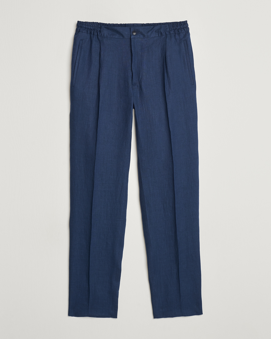 Mies | Housut | Kiton | Pure Linen Drawstring Trousers Dark Blue