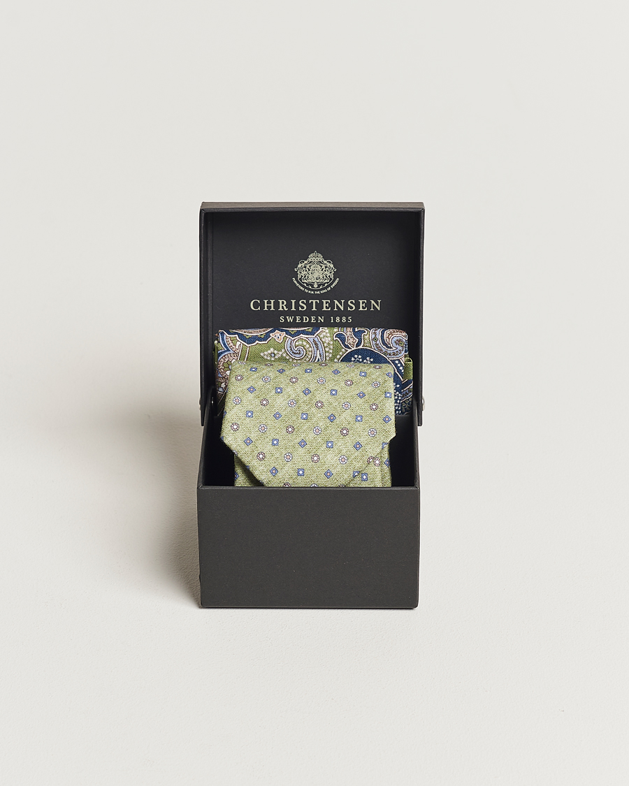 Mies | Amanda Christensen Box Set Printed Linen 8cm Tie With Pocket Square Green | Amanda Christensen | Box Set Printed Linen 8cm Tie With Pocket Square Green