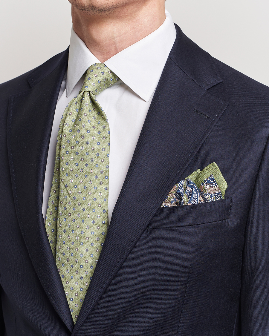 Mies | Amanda Christensen Box Set Printed Linen 8cm Tie With Pocket Square Green | Amanda Christensen | Box Set Printed Linen 8cm Tie With Pocket Square Green