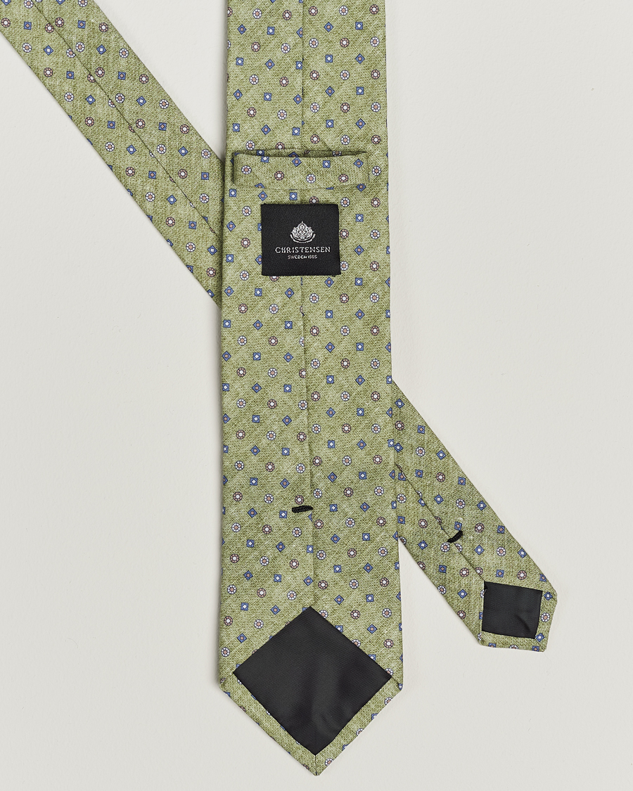 Mies | Amanda Christensen Box Set Printed Linen 8cm Tie With Pocket Square Green | Amanda Christensen | Box Set Printed Linen 8cm Tie With Pocket Square Green