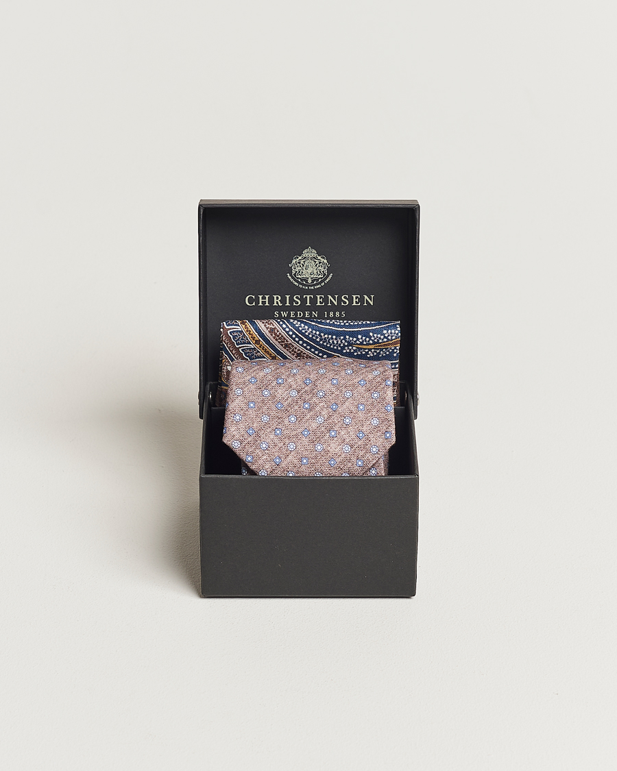 Mies | Amanda Christensen Box Set Printed Linen 8cm Tie With Pocket Square Brown | Amanda Christensen | Box Set Printed Linen 8cm Tie With Pocket Square Brown