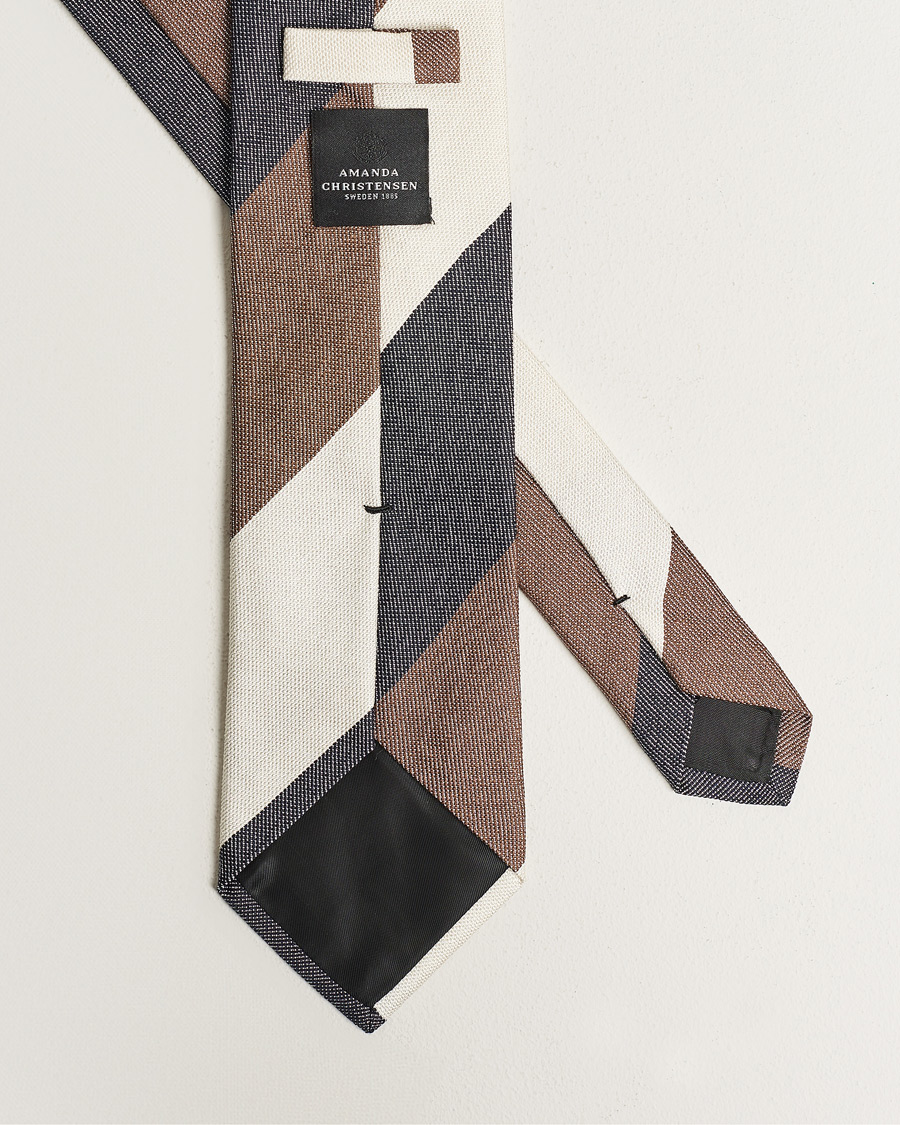Mies | Amanda Christensen Silk Bouclé Block Striped 8cm Tie White/Blue/Brown | Amanda Christensen | Silk Bouclé Block Striped 8cm Tie White/Blue/Brown