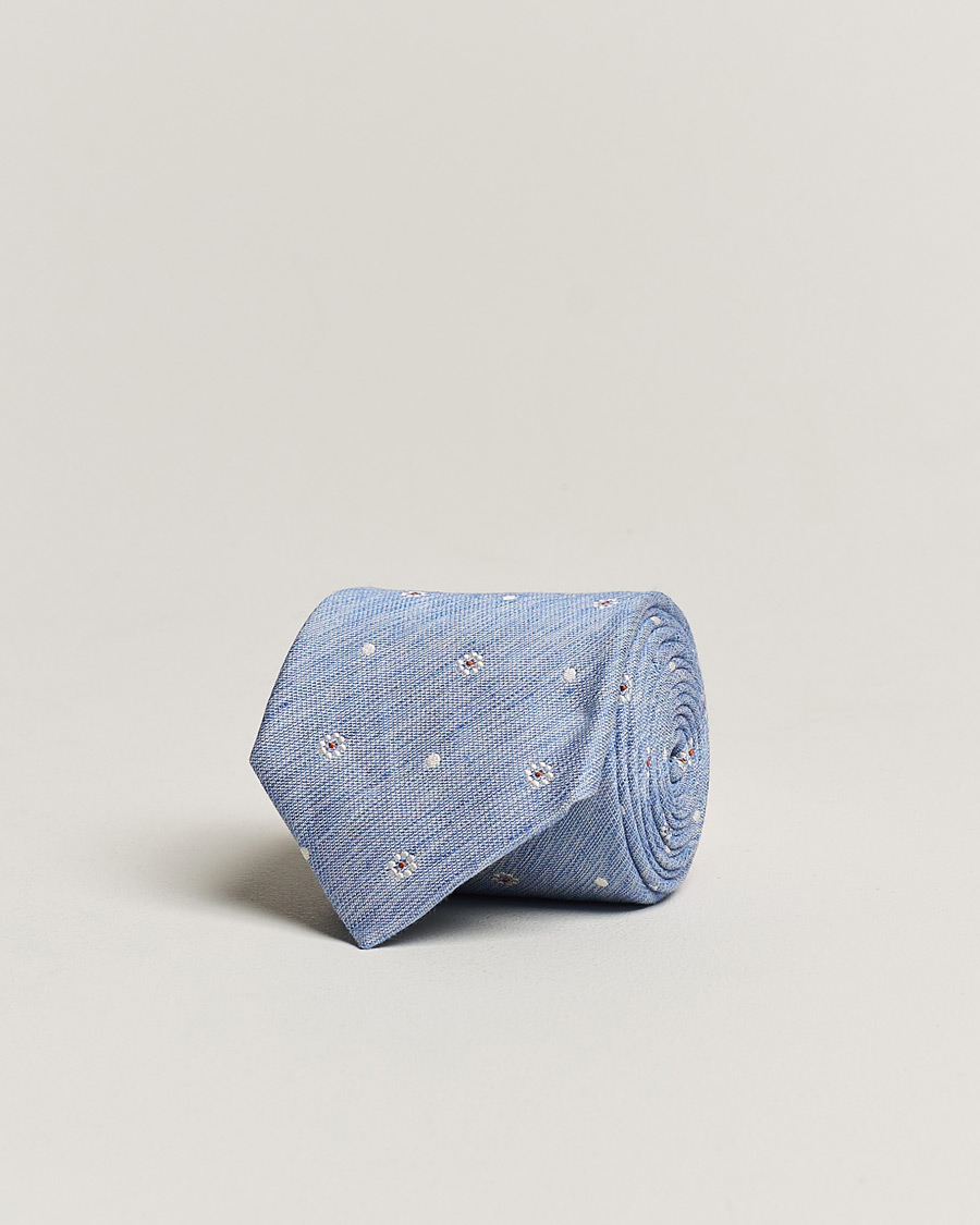 Mies | Amanda Christensen Cotton/Silk/Linen Printed Flower 8cm Tie Blue | Amanda Christensen | Cotton/Silk/Linen Printed Flower 8cm Tie Blue