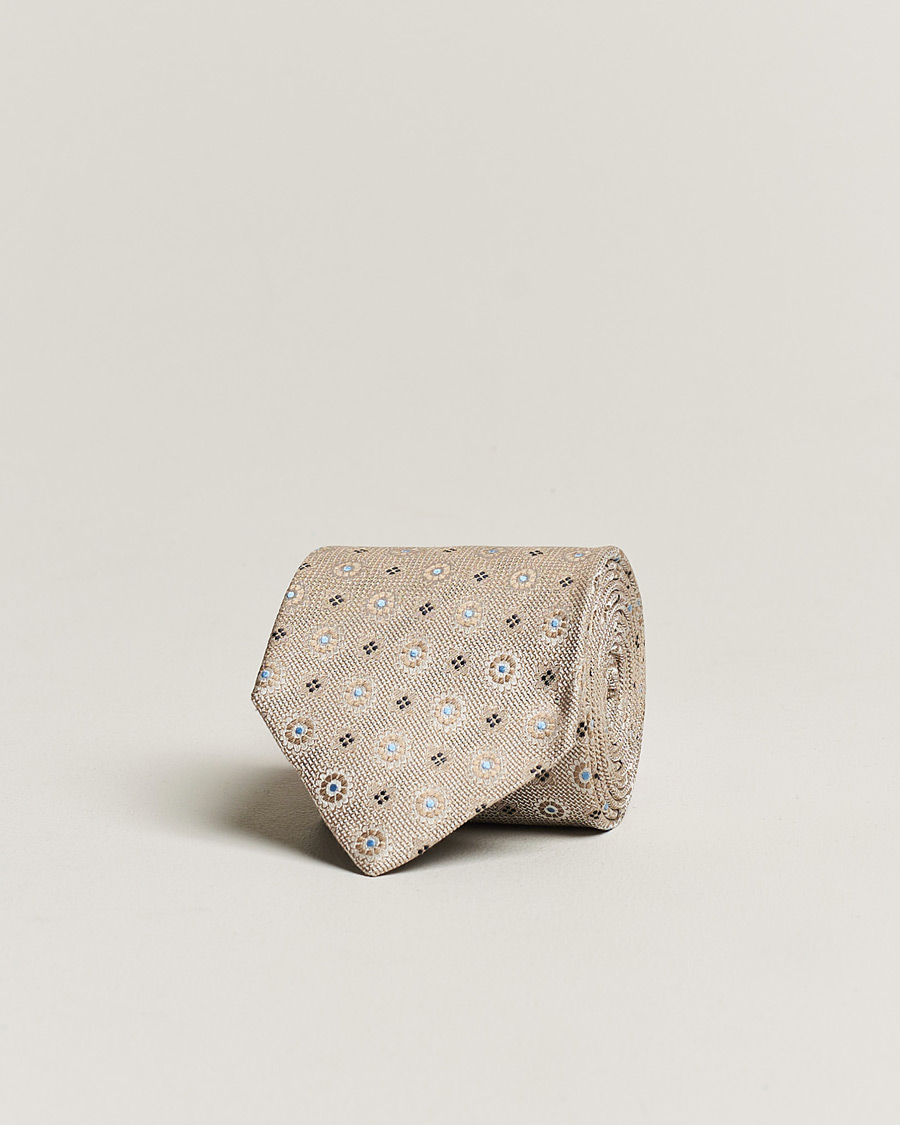 Mies | Amanda Christensen Linen/Silk Printed Flower 8cm Tie Beige | Amanda Christensen | Linen/Silk Printed Flower 8cm Tie Beige