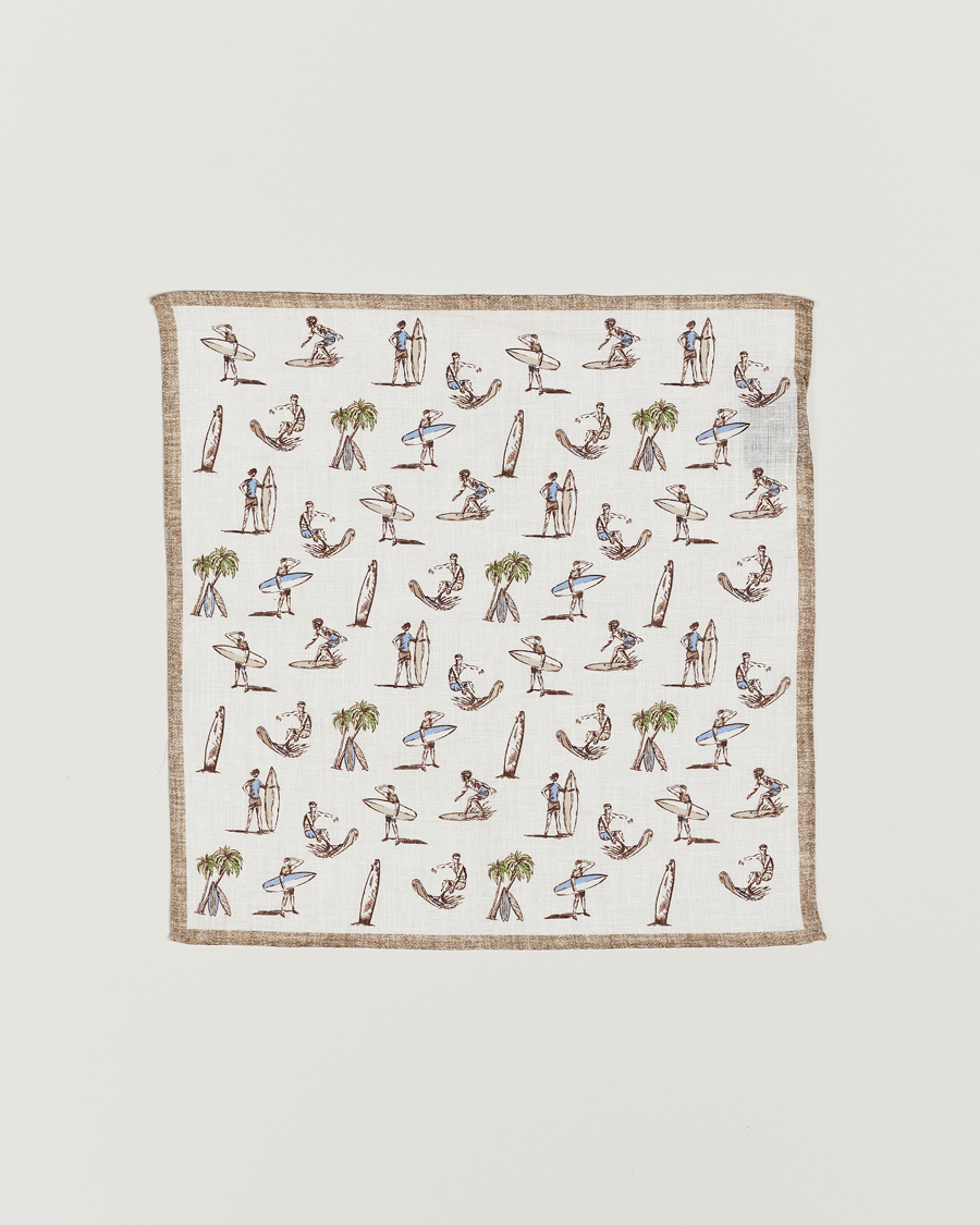 Mies | Amanda Christensen Linen Printed Surfer Pocket Square White | Amanda Christensen | Linen Printed Surfer Pocket Square White