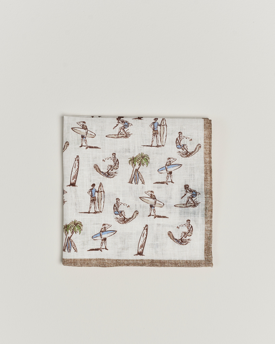 Mies | Amanda Christensen Linen Printed Surfer Pocket Square White | Amanda Christensen | Linen Printed Surfer Pocket Square White