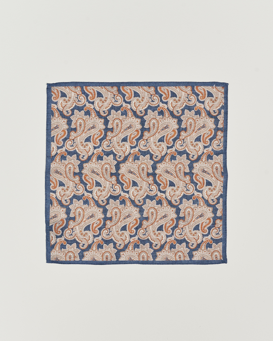 Mies | Amanda Christensen Linen Printed Large Paisley Pocket Square Navy | Amanda Christensen | Linen Printed Large Paisley Pocket Square Navy