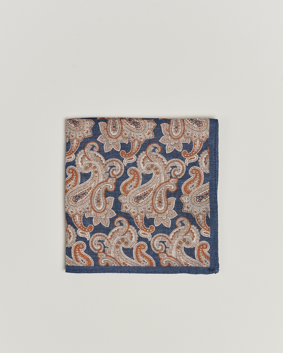 Mies | Amanda Christensen Linen Printed Large Paisley Pocket Square Navy | Amanda Christensen | Linen Printed Large Paisley Pocket Square Navy