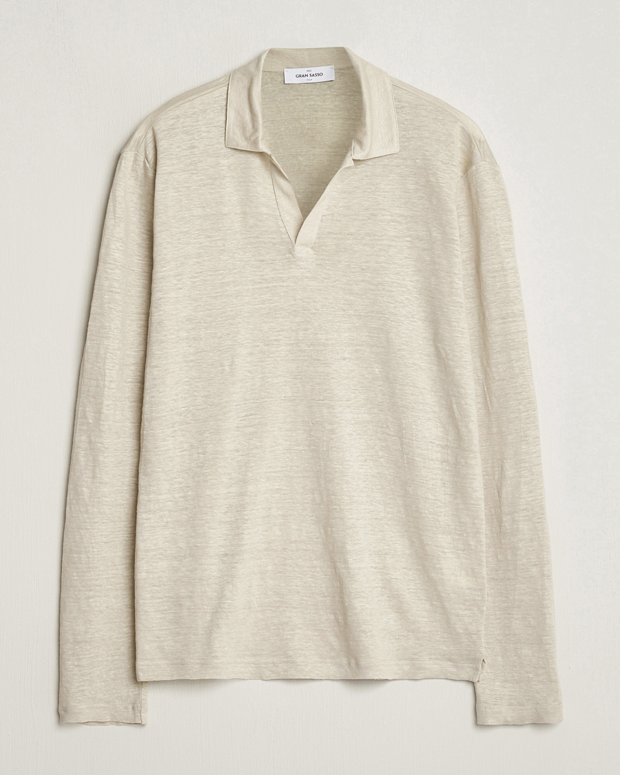 Mies | Puserot | Gran Sasso | Washed Linen Long Sleeve Polo Beige Melange
