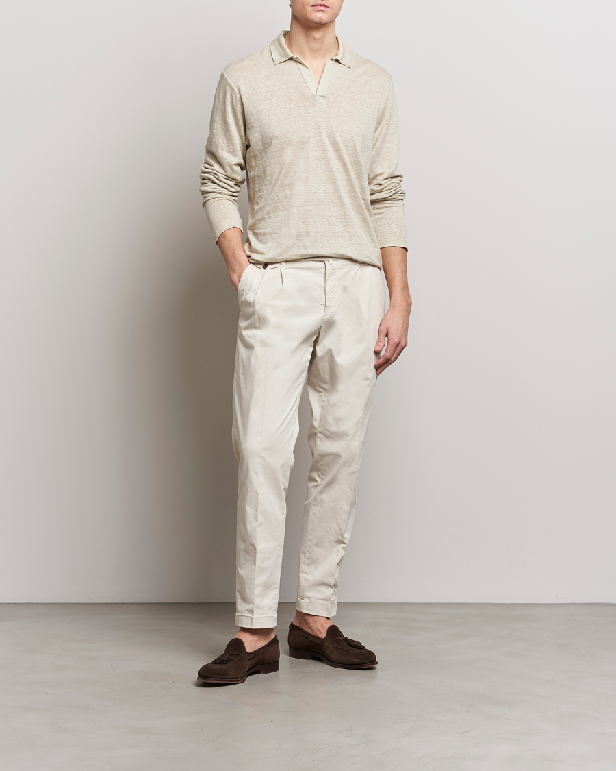 Mies | Puserot | Gran Sasso | Washed Linen Long Sleeve Polo Beige Melange
