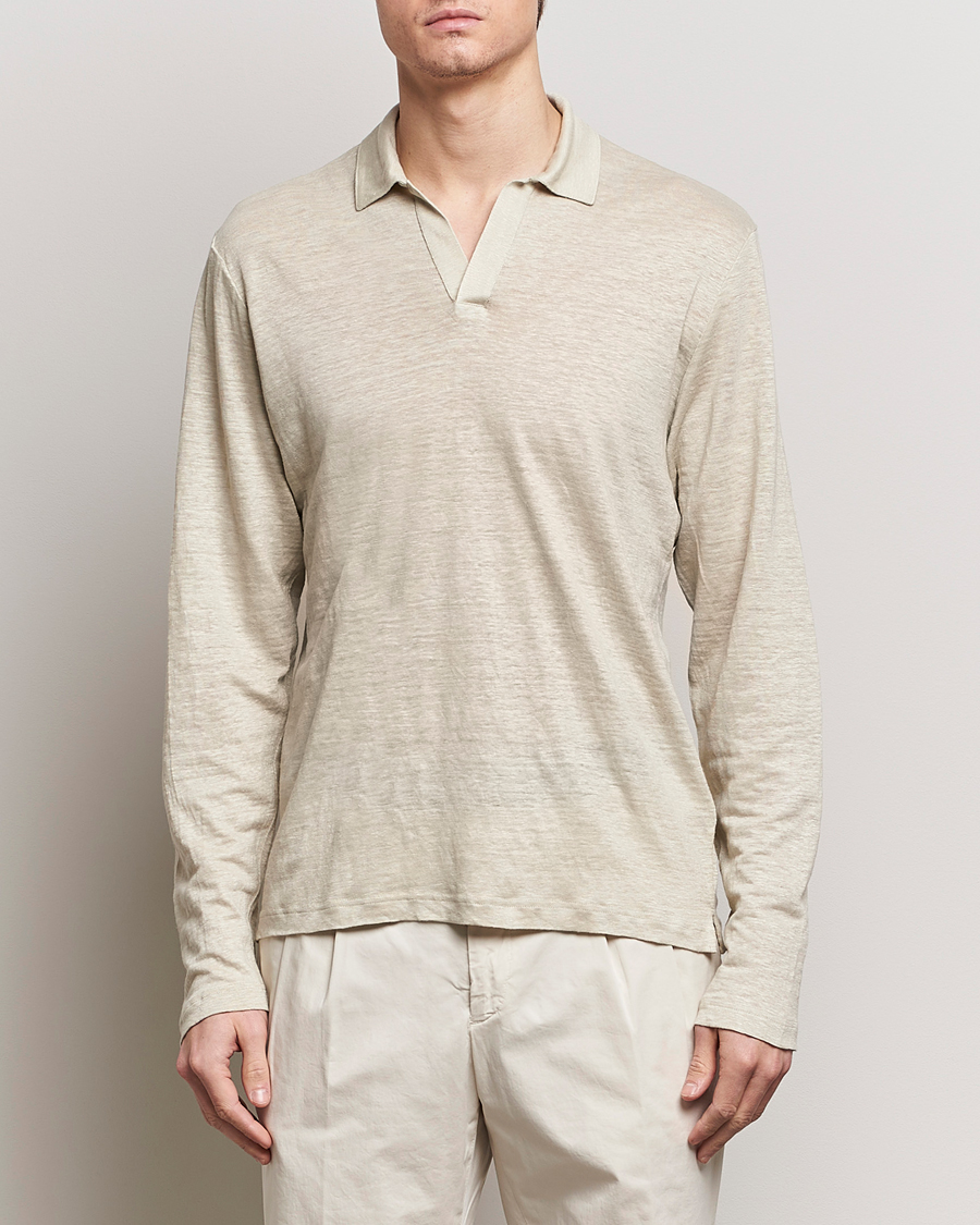 Mies | Puserot | Gran Sasso | Washed Linen Long Sleeve Polo Beige Melange