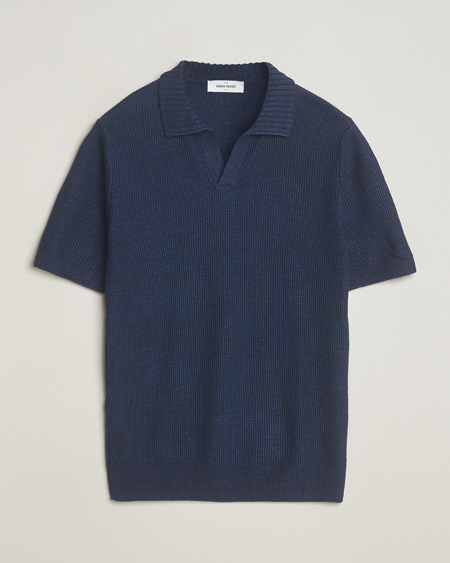 Mies | Pikeet | Gran Sasso | Linen/Cotton Open Collar Polo Navy