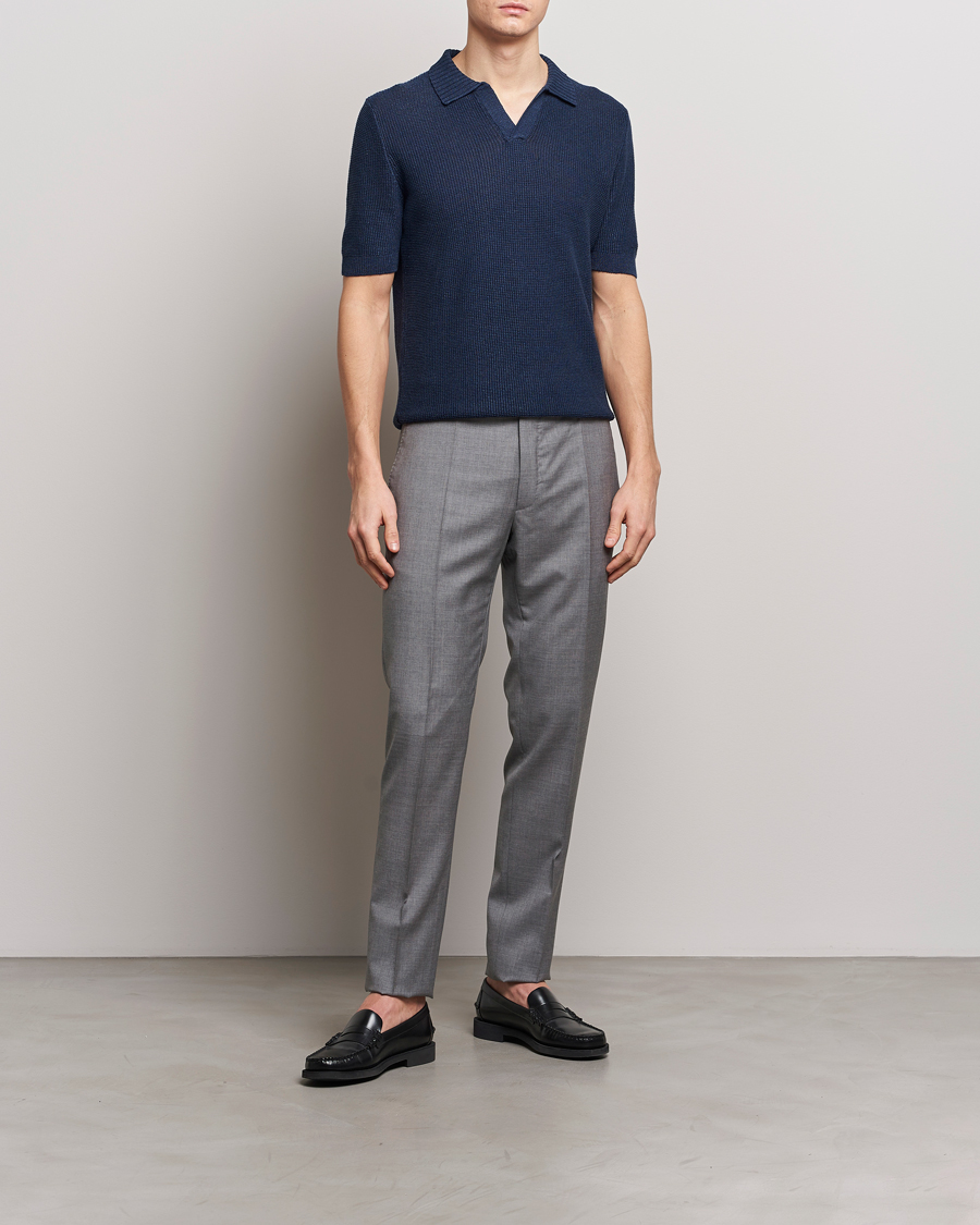 Mies | Pikeet | Gran Sasso | Linen/Cotton Open Collar Polo Navy