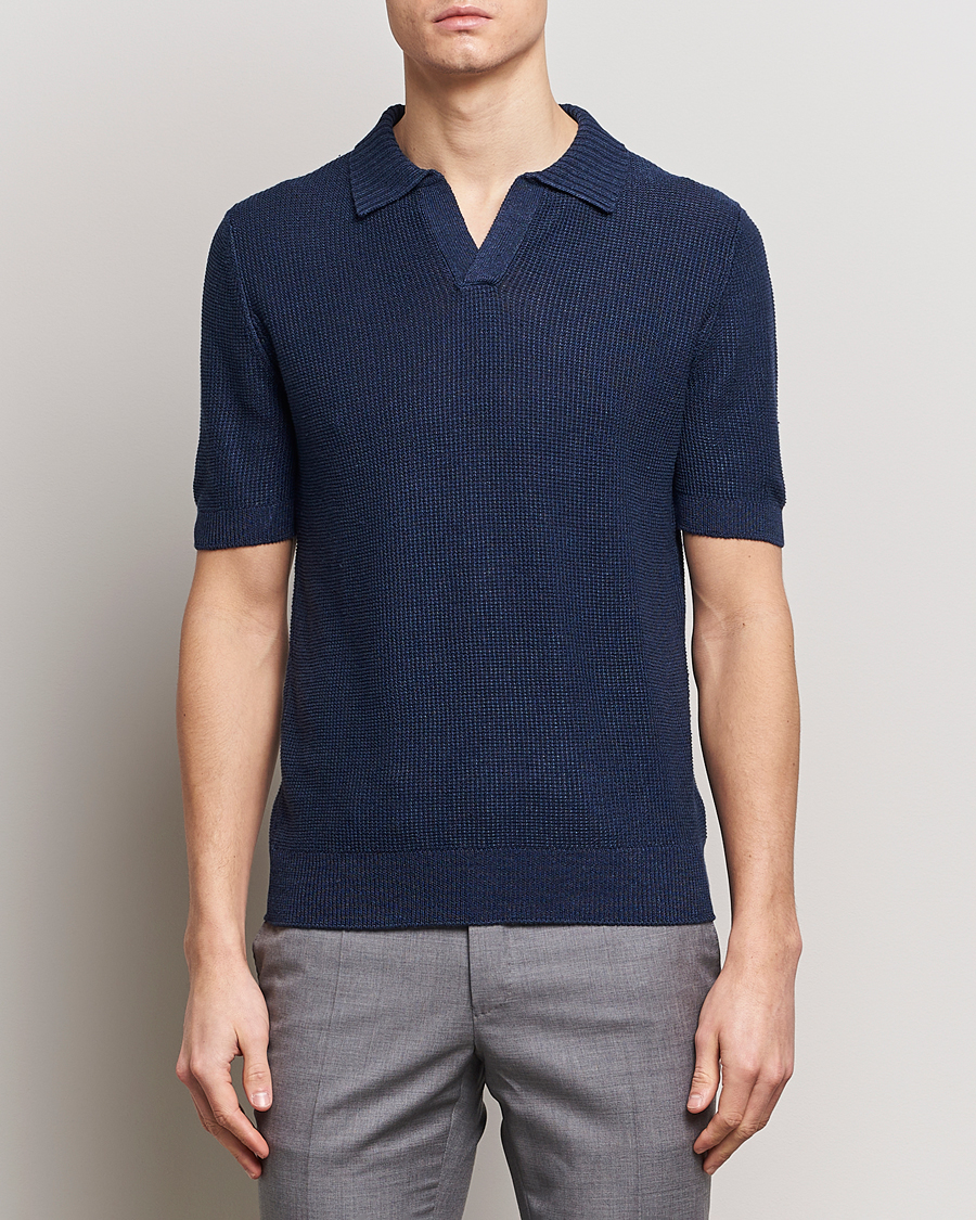 Mies |  | Gran Sasso | Linen/Cotton Open Collar Polo Navy
