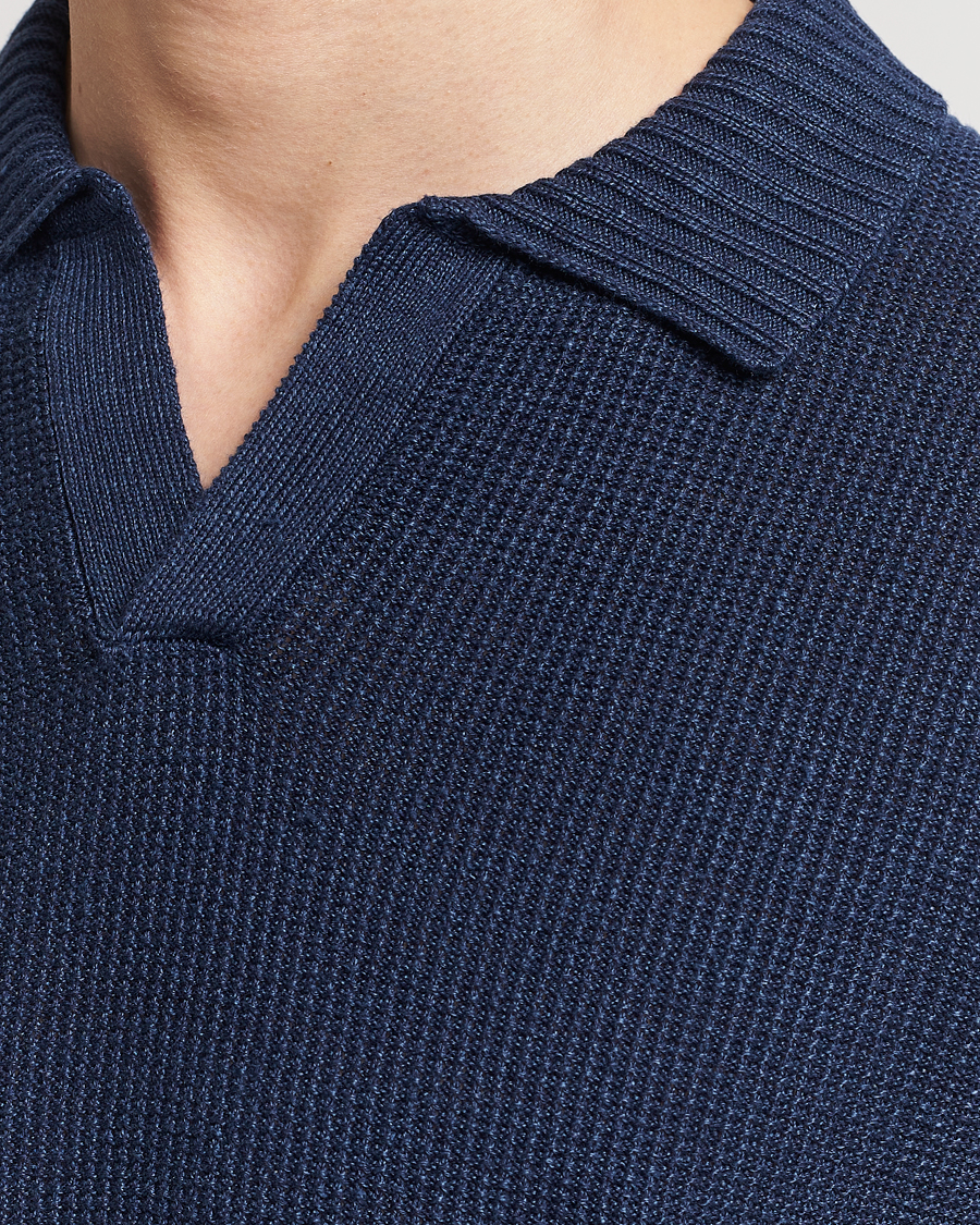 Mies | Pikeet | Gran Sasso | Linen/Cotton Open Collar Polo Navy