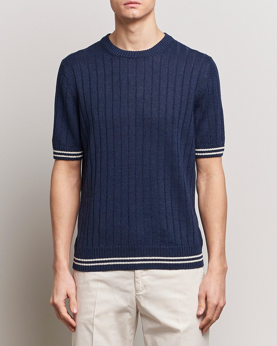 Mies | Gran Sasso | Gran Sasso | Linen/Cotton Structured T-Shirt Navy