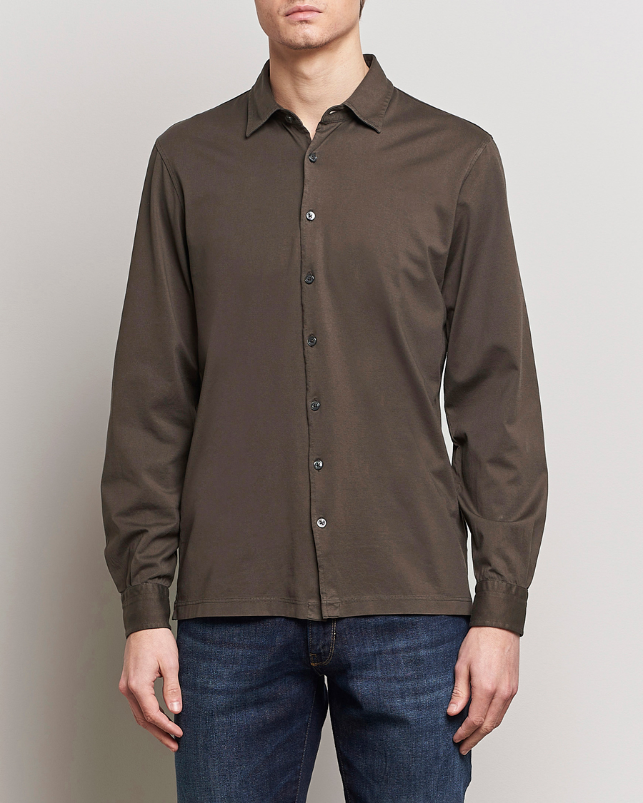Mies |  | Gran Sasso | Washed Cotton Jersey Shirt Dark Brown