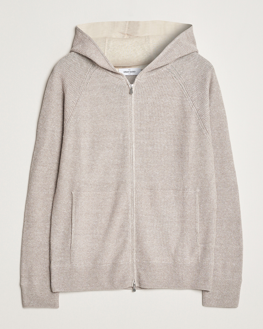 Mies | Puserot | Gran Sasso | Linen/Cotton Knitted Hooded Full Zip Beige Melange