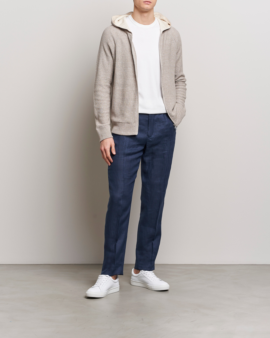 Mies | Puserot | Gran Sasso | Linen/Cotton Knitted Hooded Full Zip Beige Melange