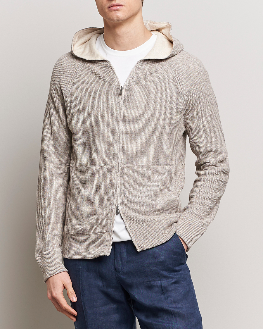 Mies | Puserot | Gran Sasso | Linen/Cotton Knitted Hooded Full Zip Beige Melange
