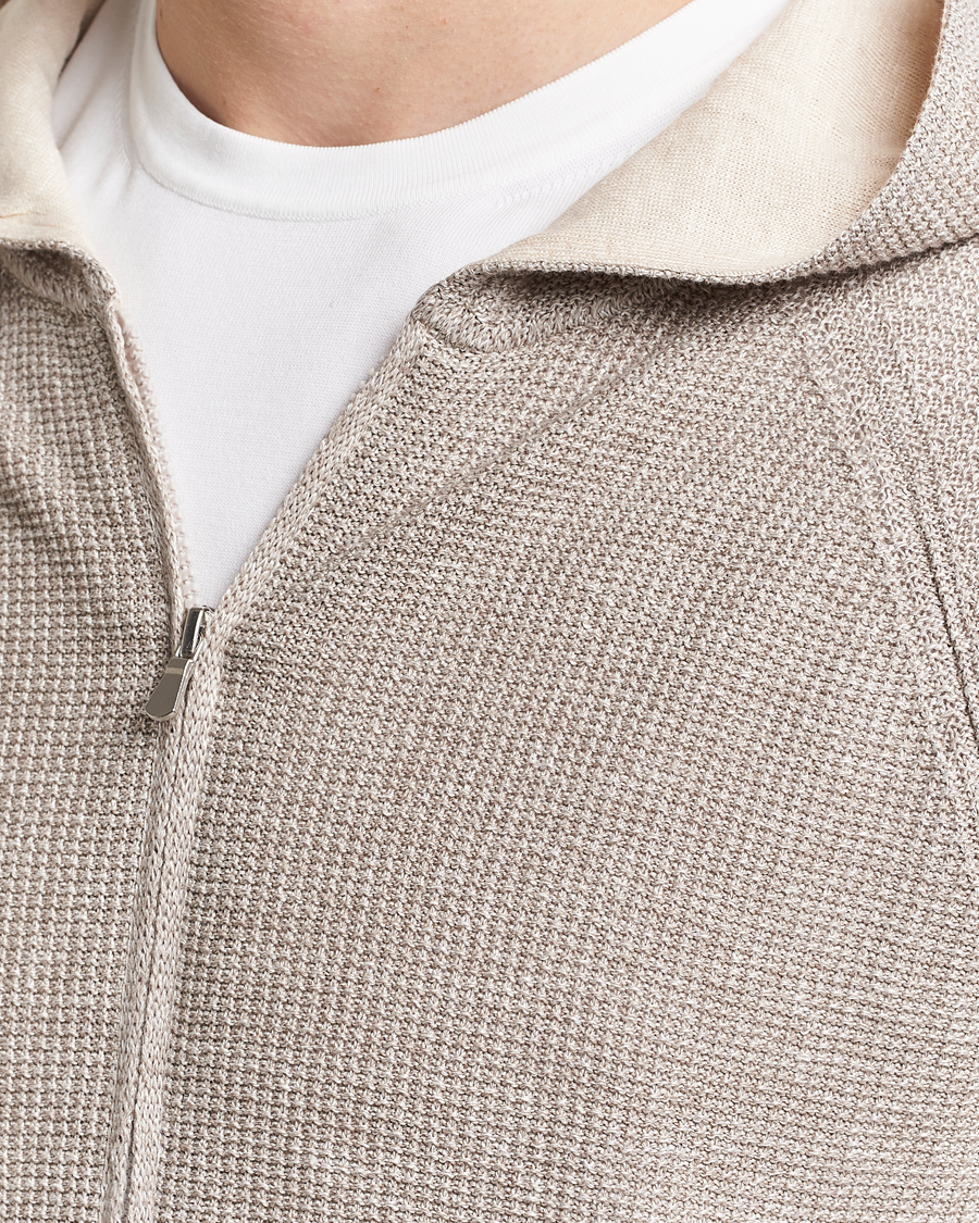 Mies | Puserot | Gran Sasso | Linen/Cotton Knitted Hooded Full Zip Beige Melange