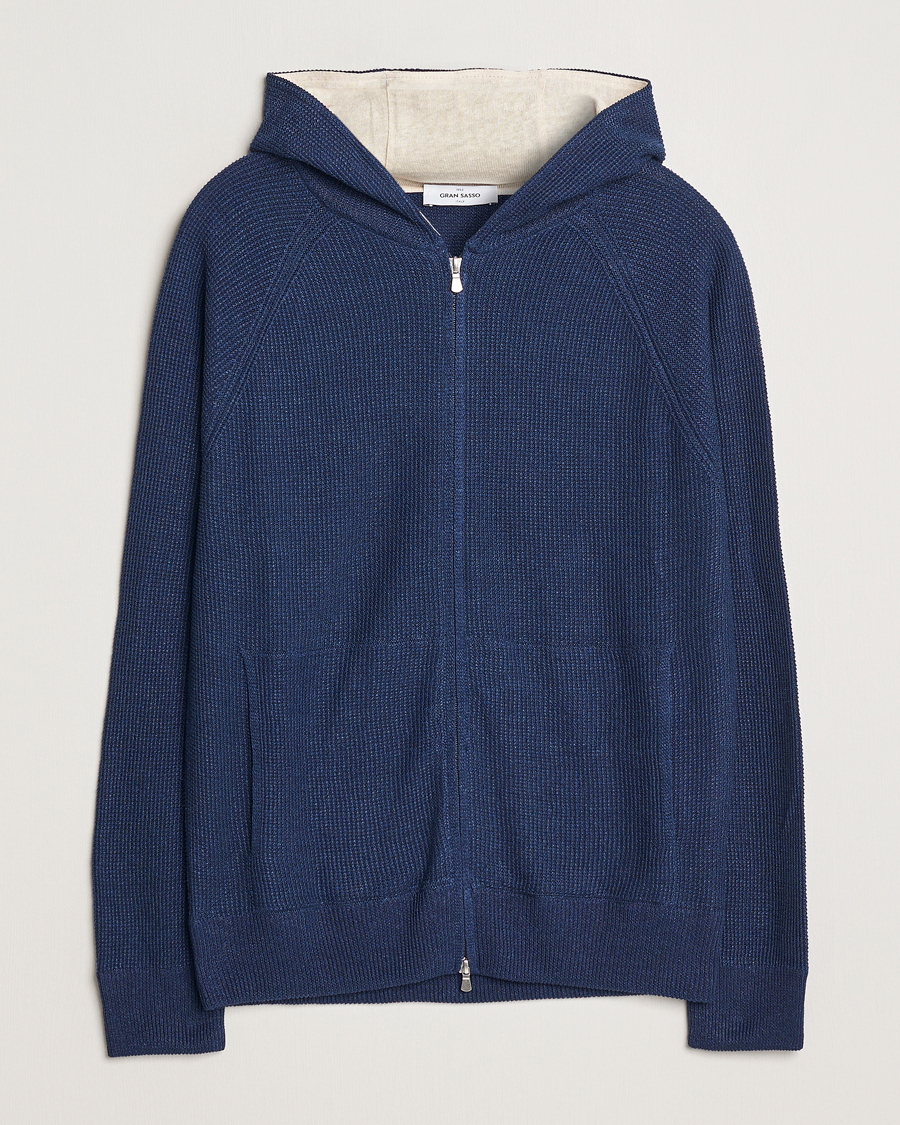 Mies | Puserot | Gran Sasso | Linen/Cotton Knitted Hooded Full Zip Navy